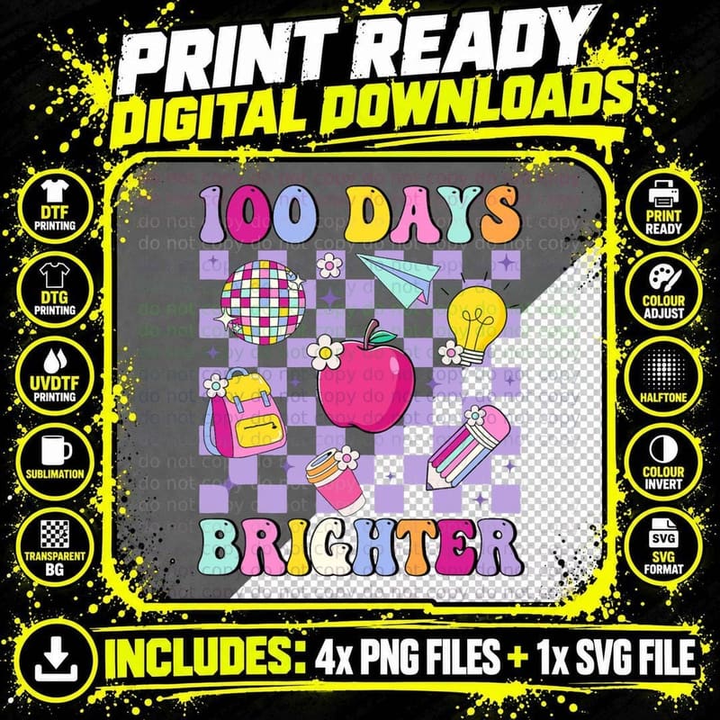 100 Days Brighter Retro Disco 100th Day of School Png SVG Digital Bundle