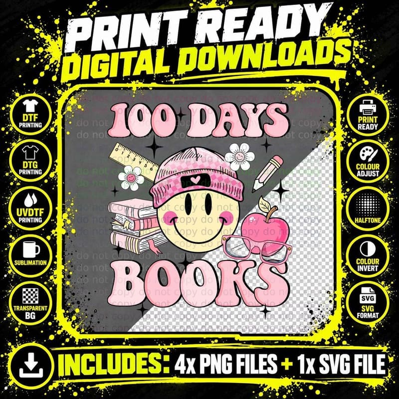 100 Days in the Books - Book Lover English Reading Png SVG Digital Bundle