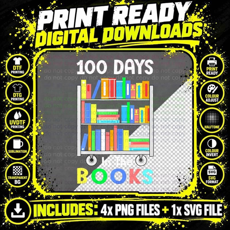 100 Days in the Books Reading Librarian Teacher Student Png SVG Digital Bundle