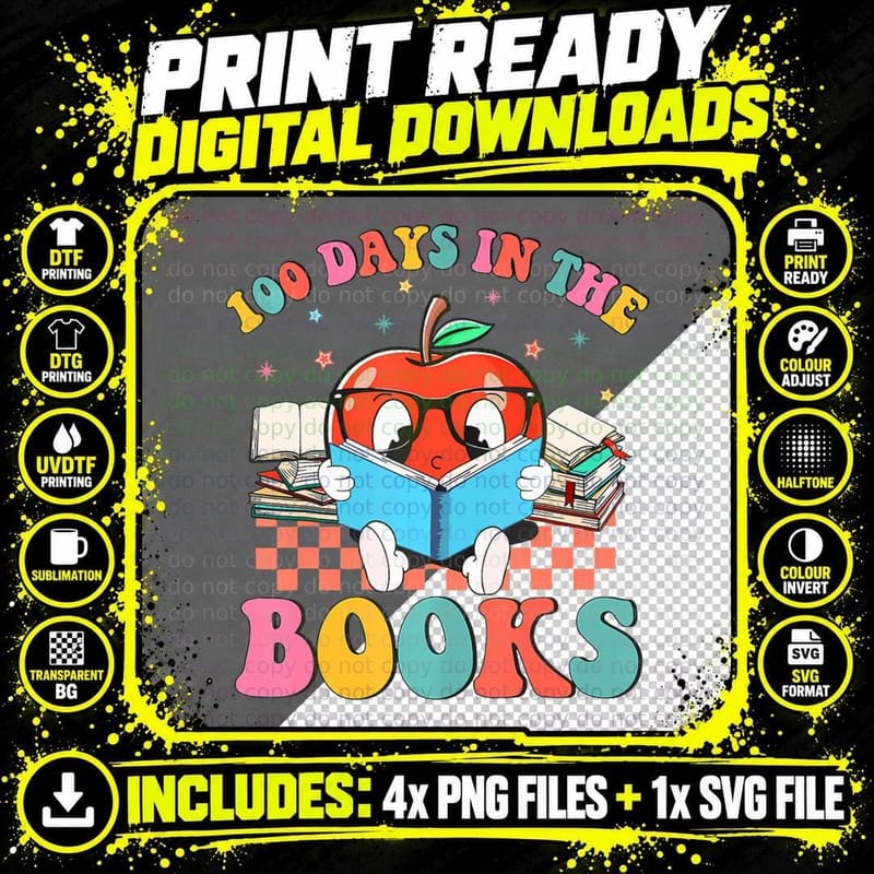 100 Days in the Books Reading Teacher 100th Day of Png SVG Digital Bundle