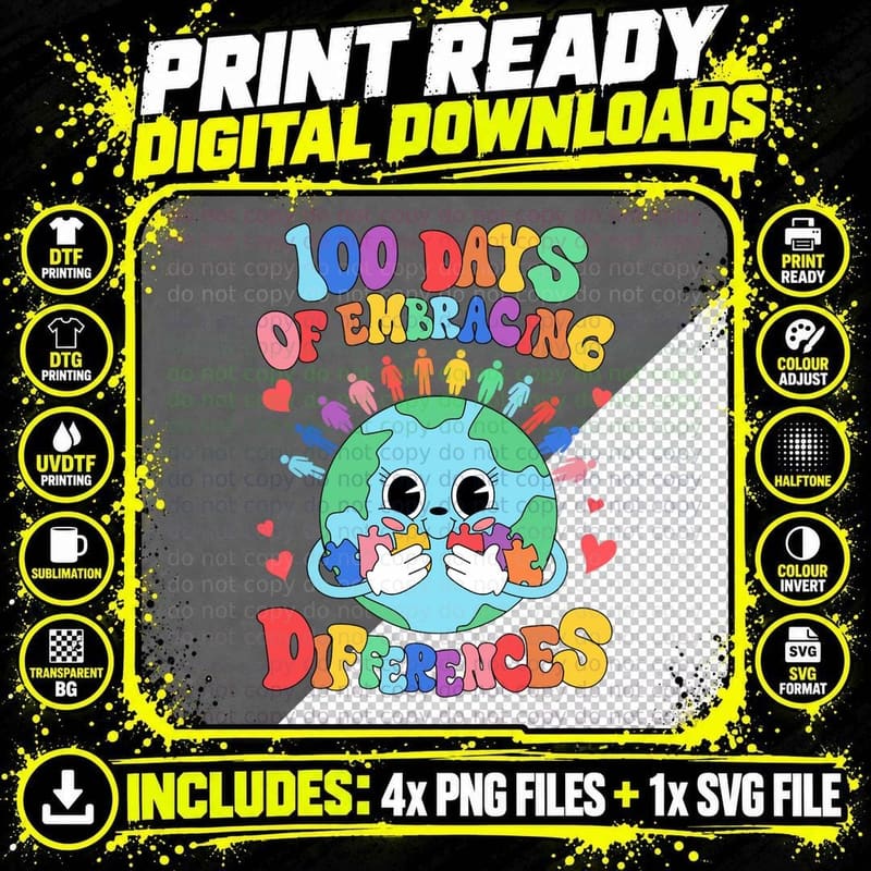 100 Days of Embracing Differences Autism Awareness Png SVG Digital Bundle