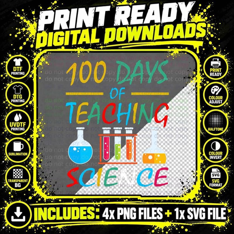 100 Days of Teaching Science School Subject Teacher Png SVG Digital Bundle