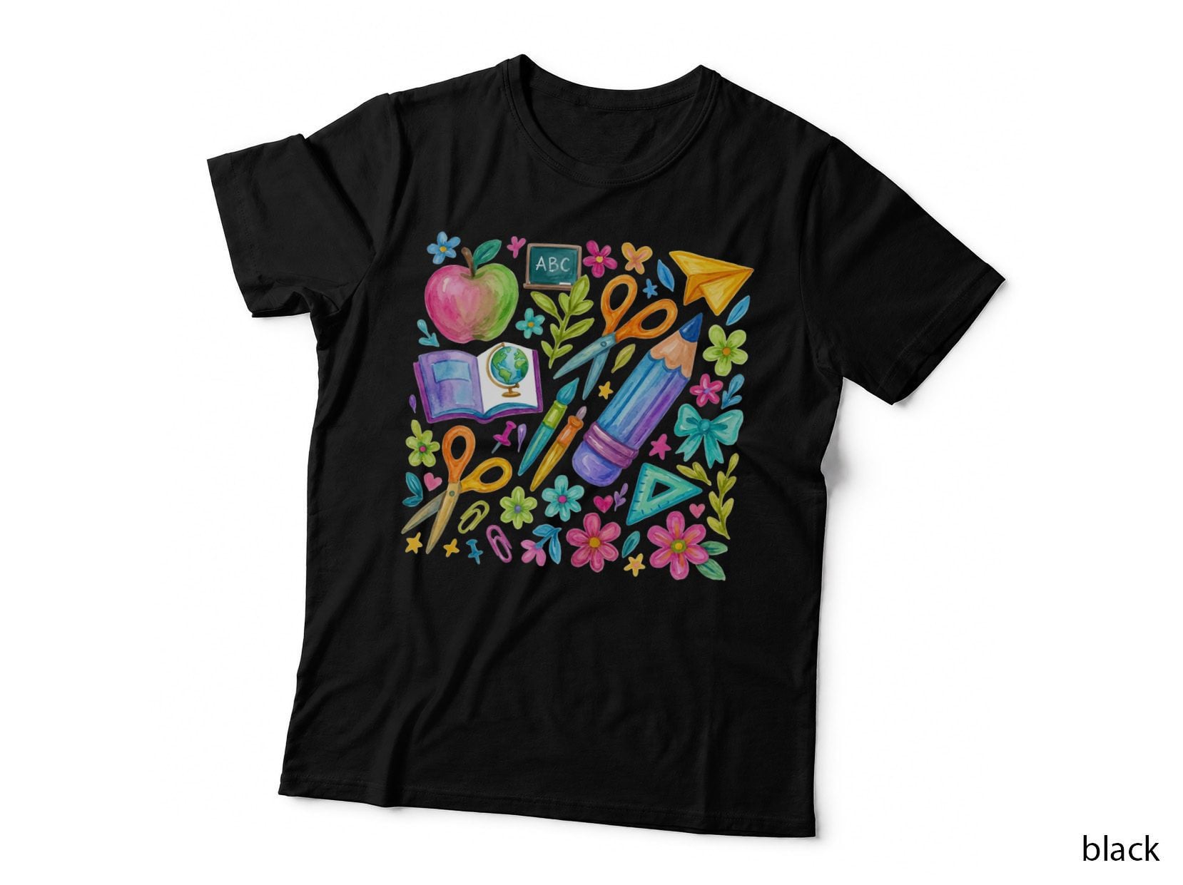 Abc Teacher T-Shirt, School Supplies & Flowers Graphic Tee, Teacher Design Shirt