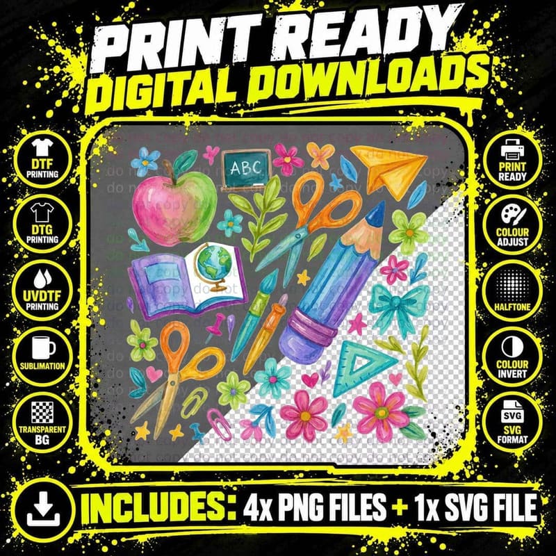 Abc Teacher T-Shirt, School Supplies & Flowers Graphic Png SVG Digital Bundle