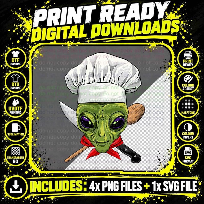 Alien Chef UFO Alien Outer Space, Cooking Lover Png SVG Digital Bundle