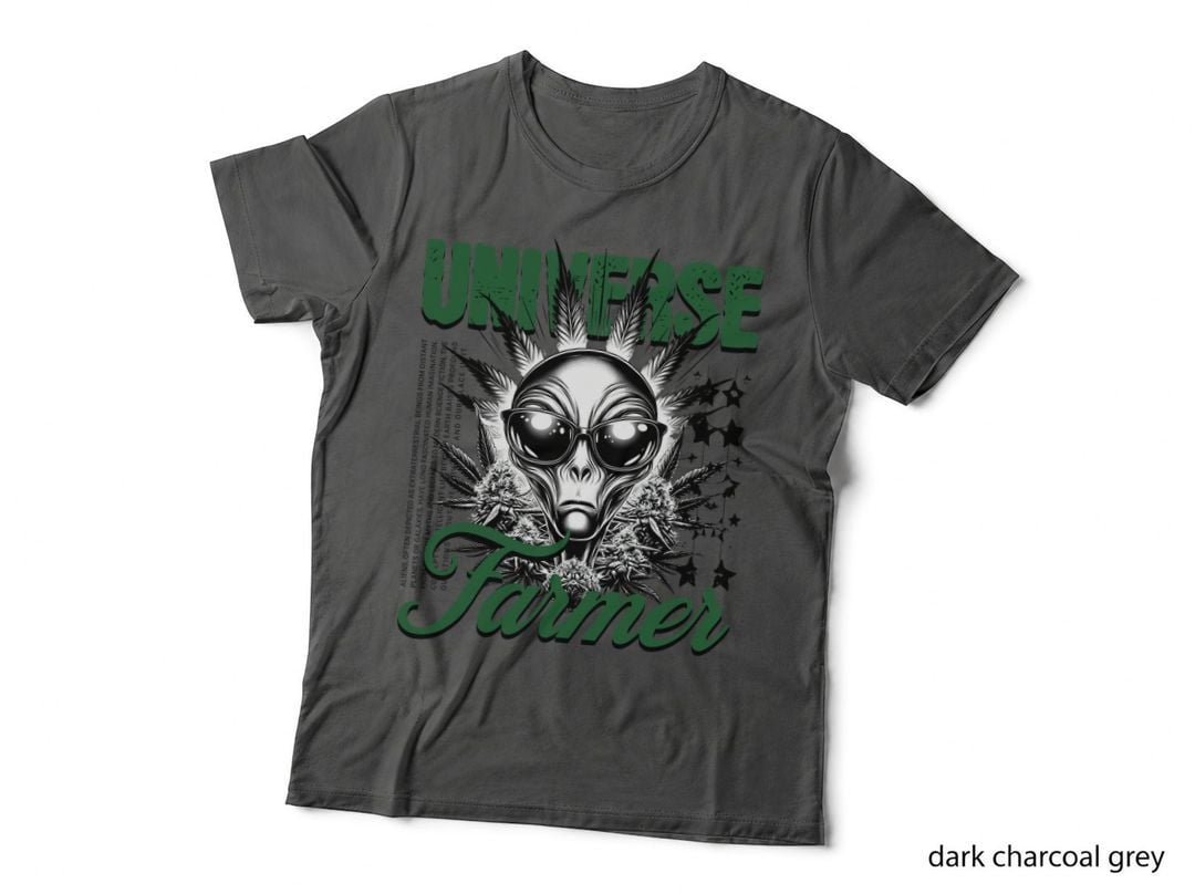 Alien Universe Farmer T-Shirt, Cannabis Print, Space Weed Apparel