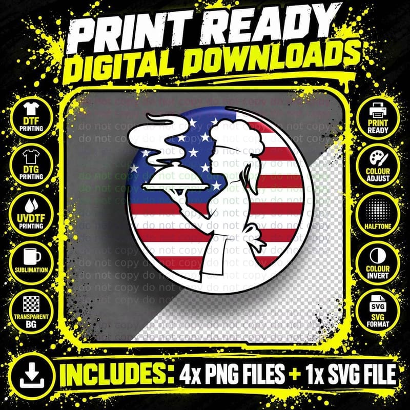 American Chef Silhouette with Flag Heartbeat T-Shirt Png SVG Digital Bundle