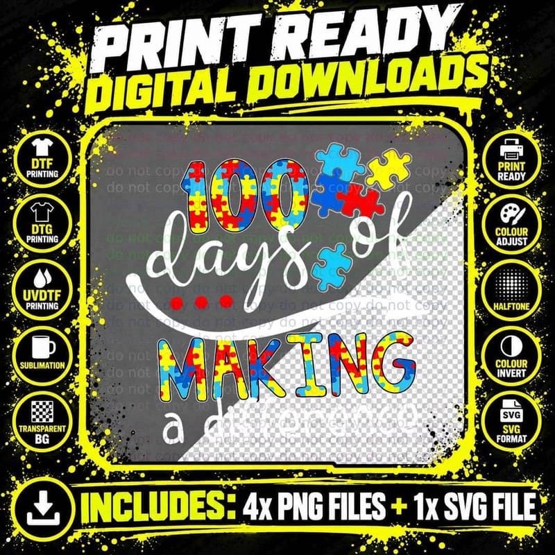Autism 100 Days 100th Day of School Teacher Autism Png SVG Digital Bundle