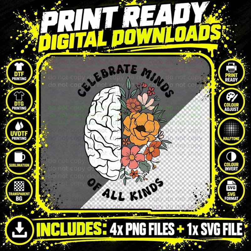Autism Awareness Celebrate Minds of All Kinds Floral Png SVG Digital Bundle