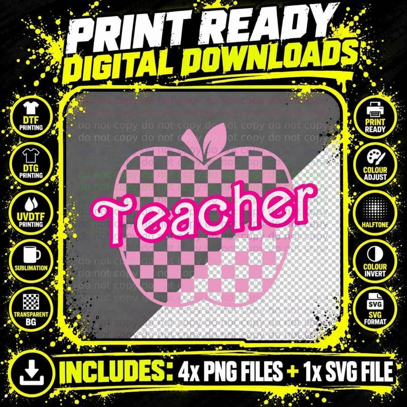 Back to School Checkerboard Teacher Checkered Apple Png SVG Digital Bundle