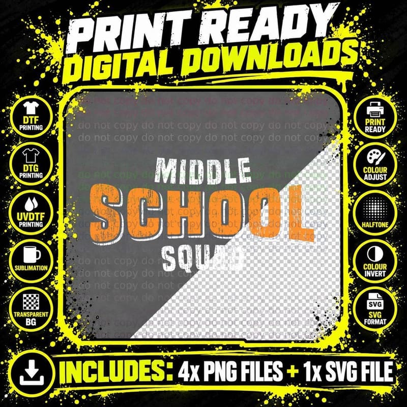 Back to School Design Middle School Squad Teacher Png SVG Digital Bundle