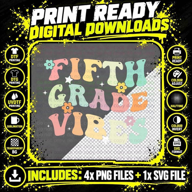 Back to School Fifth Grade Vibes Retro Student Teacher Png SVG Digital Bundle