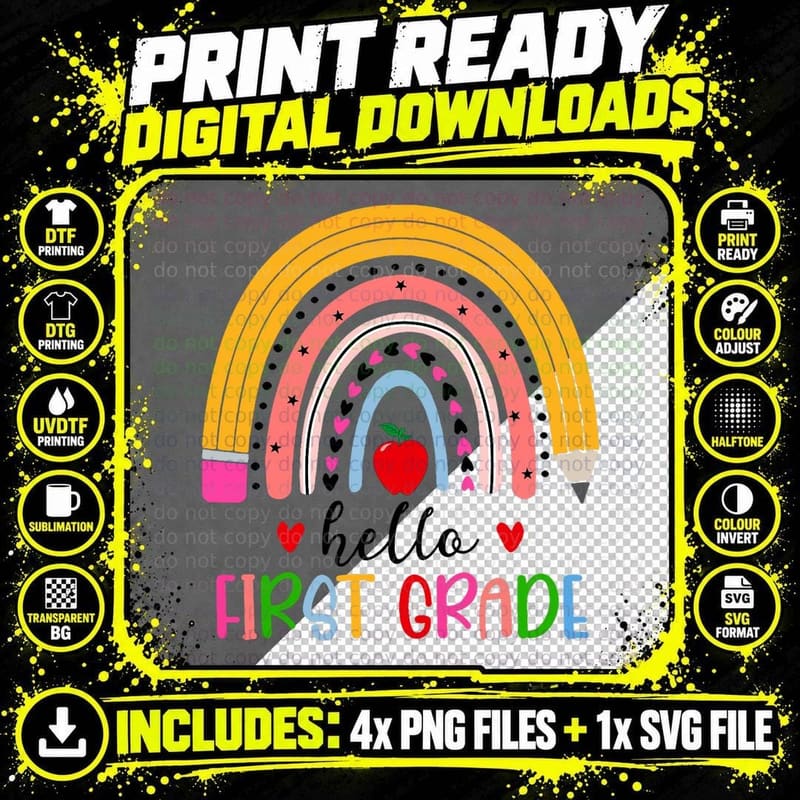 Back to School Hello First Grade Teacher Rainbow Png SVG Digital Bundle