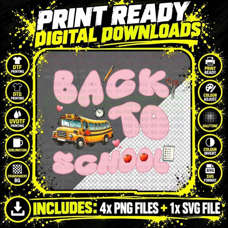 Back to School Teacher T-Shirt, School Bus with Supplies Png SVG Digital Bundle