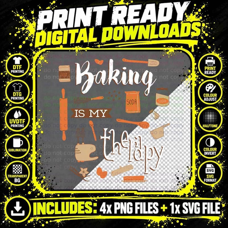 Baking Is My Therapy, for Women, Funny Foodie Gift, Chef Png SVG Digital Bundle