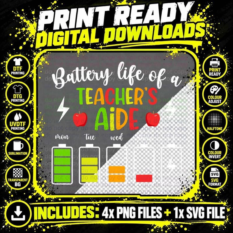 Battery Life of a Teacher's Aide Teaching Assistant Png SVG Digital Bundle