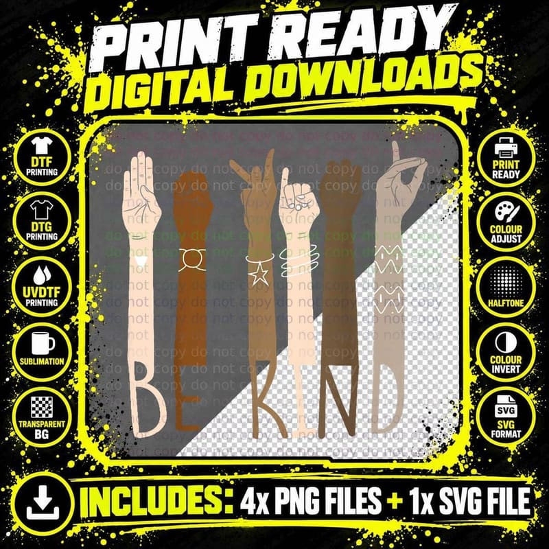 Be Kind Hand Sign Language T-Shirt, Asl Melanin Print Png SVG Digital Bundle
