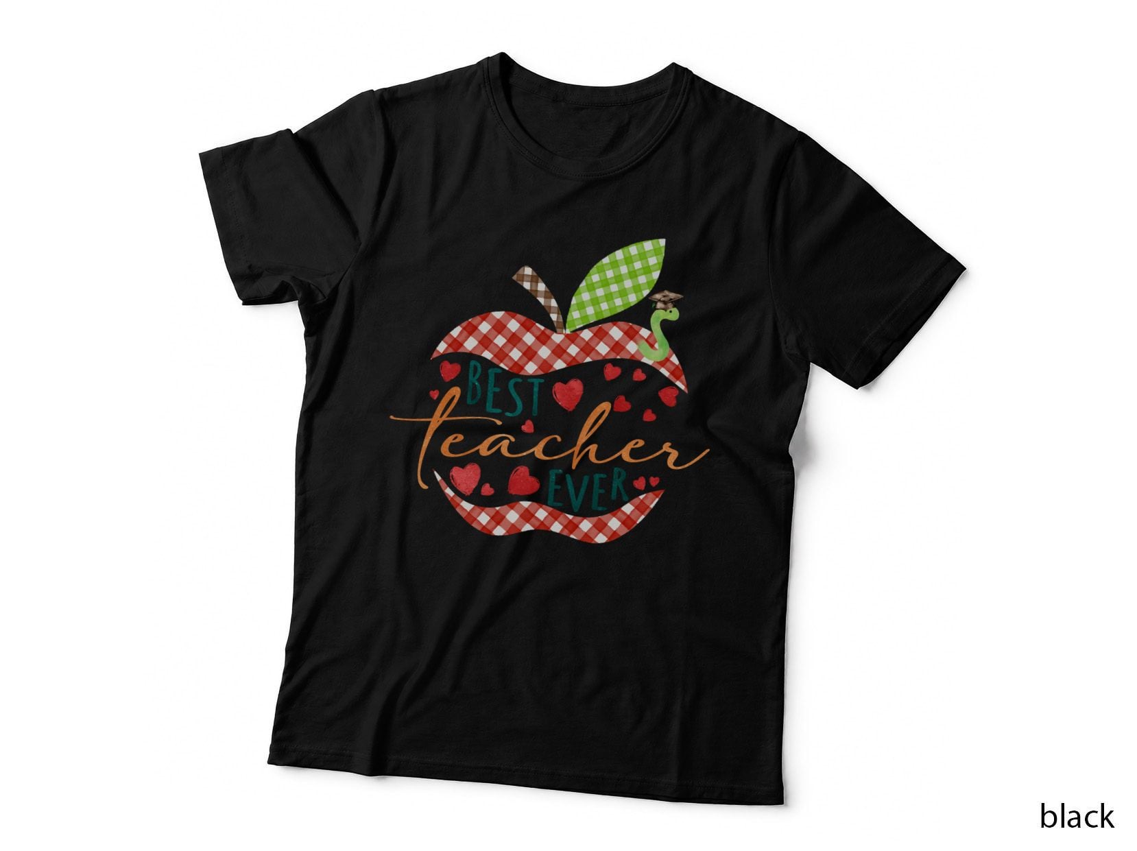 Best Teacher Ever Teacher T-Shirt, Apple with Hearts and Checkered Graphic Tee