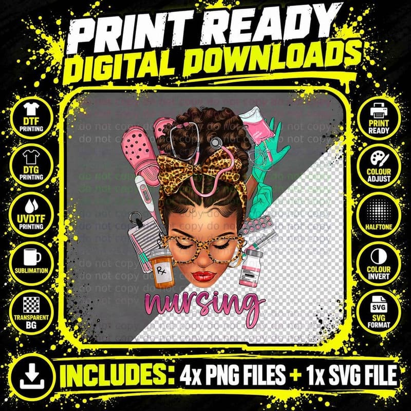 Black Melanin Nurse Black History Month Afro Hair Png SVG Digital Bundle