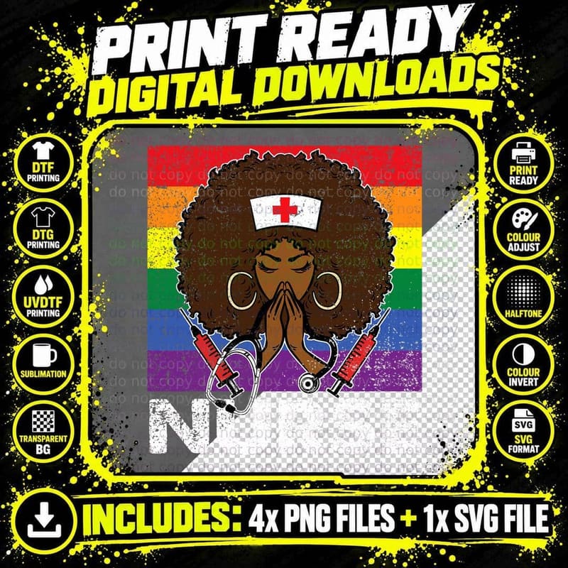 Black Nurse LGBT-Q Gay Pride Flag Afro Melanin RN Png SVG Digital Bundle
