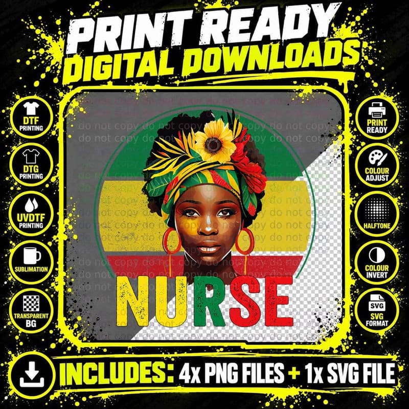 Black Woman Nurse Afro Melanin Vintage Black History Png SVG Digital Bundle