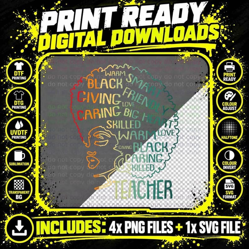 Black Woman Teacher Afro Retro Black History Month Gift Png SVG Digital Bundle