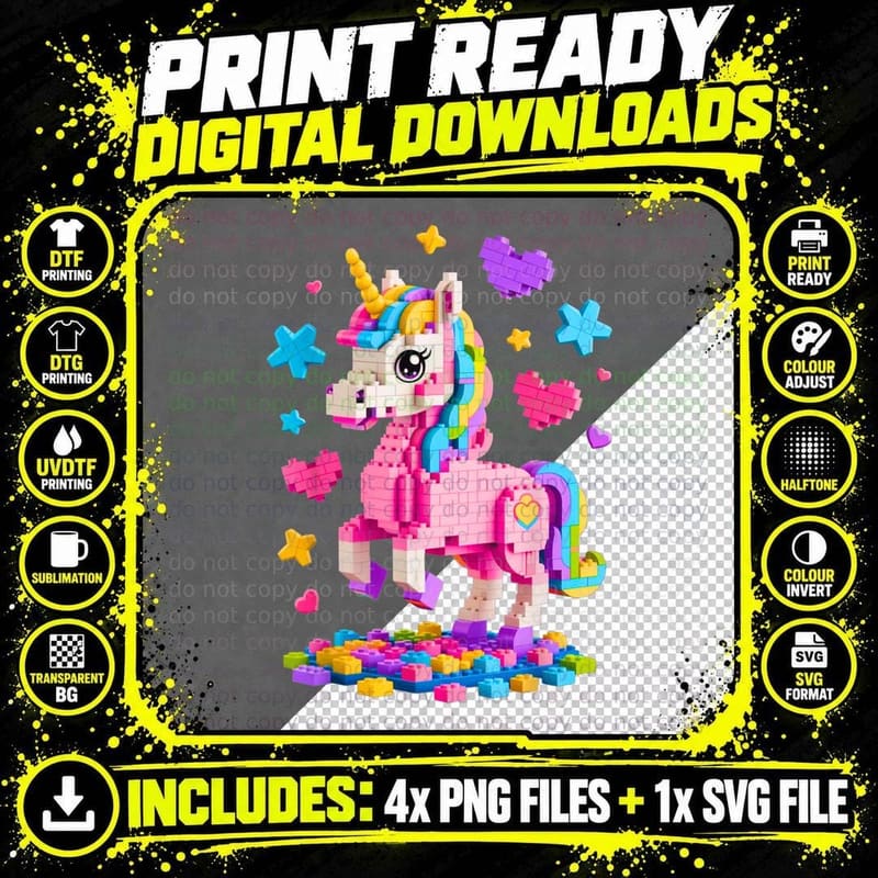 Building Blocks Unicorn T-Shirt, Rainbow Brick Builder Png SVG Digital Bundle