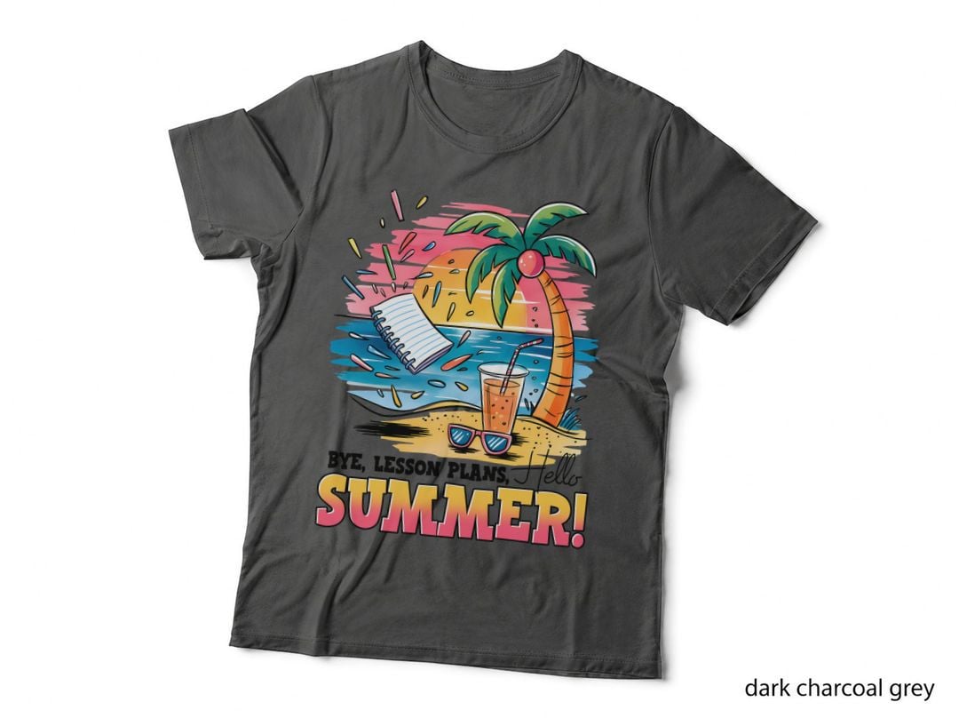 Bye Lesson Plans Hello Summer! Teacher T-Shirt, Tropical Beach with Palm Tree