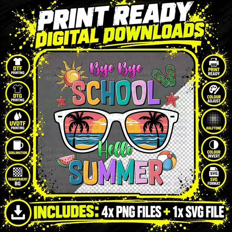 Bye School Hello Summer Teacher T-Shirt Png SVG Digital Bundle