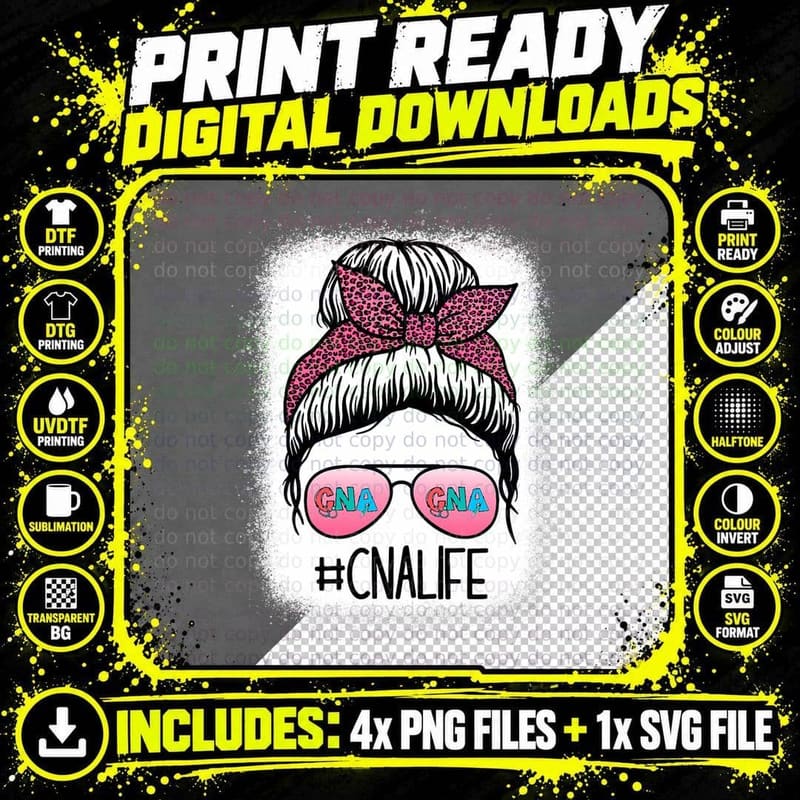CNA Nurse Life Bleached Shirts Leopard Messy Bun Women Png SVG Digital Bundle