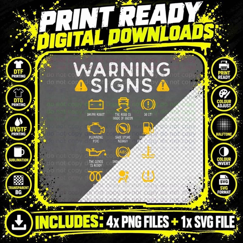 Car Warning Signs Funny Auto Technician Mechanic Garage Png SVG Digital Bundle