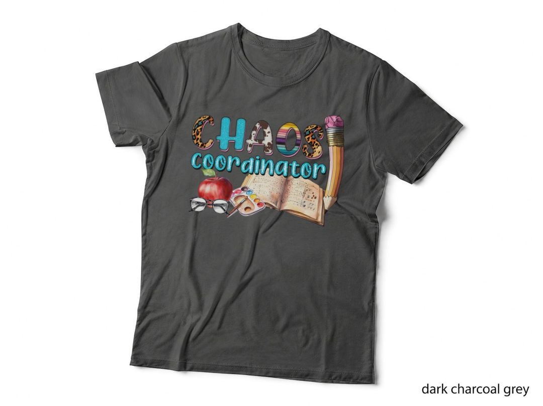 Chaos Coordinator Teacher T-Shirt, School Supplies Collage Graphic Tee