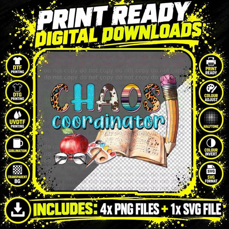 Chaos Coordinator Teacher T-Shirt, School Supplies Png SVG Digital Bundle