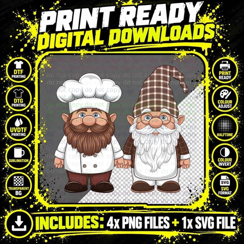 Chef & Gnome Duo Holding Hands Heartbeat T-Shirt Png SVG Digital Bundle