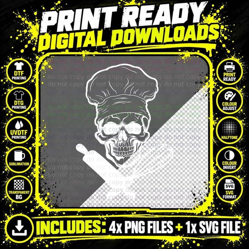 Chef Skull with Rolling Pin & Whisk T-Shirt Png SVG Digital Bundle