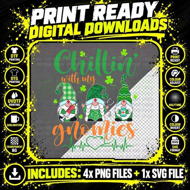 Chillin with My Gnomies St Patricks Day Nurse Shamrock Png SVG Digital Bundle