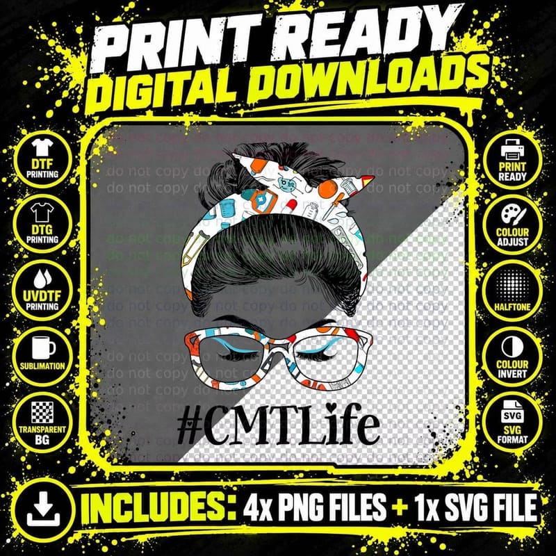 Cmt Life Messy Hair Woman Bun Healthcare Worker, Nurse Png SVG Digital Bundle