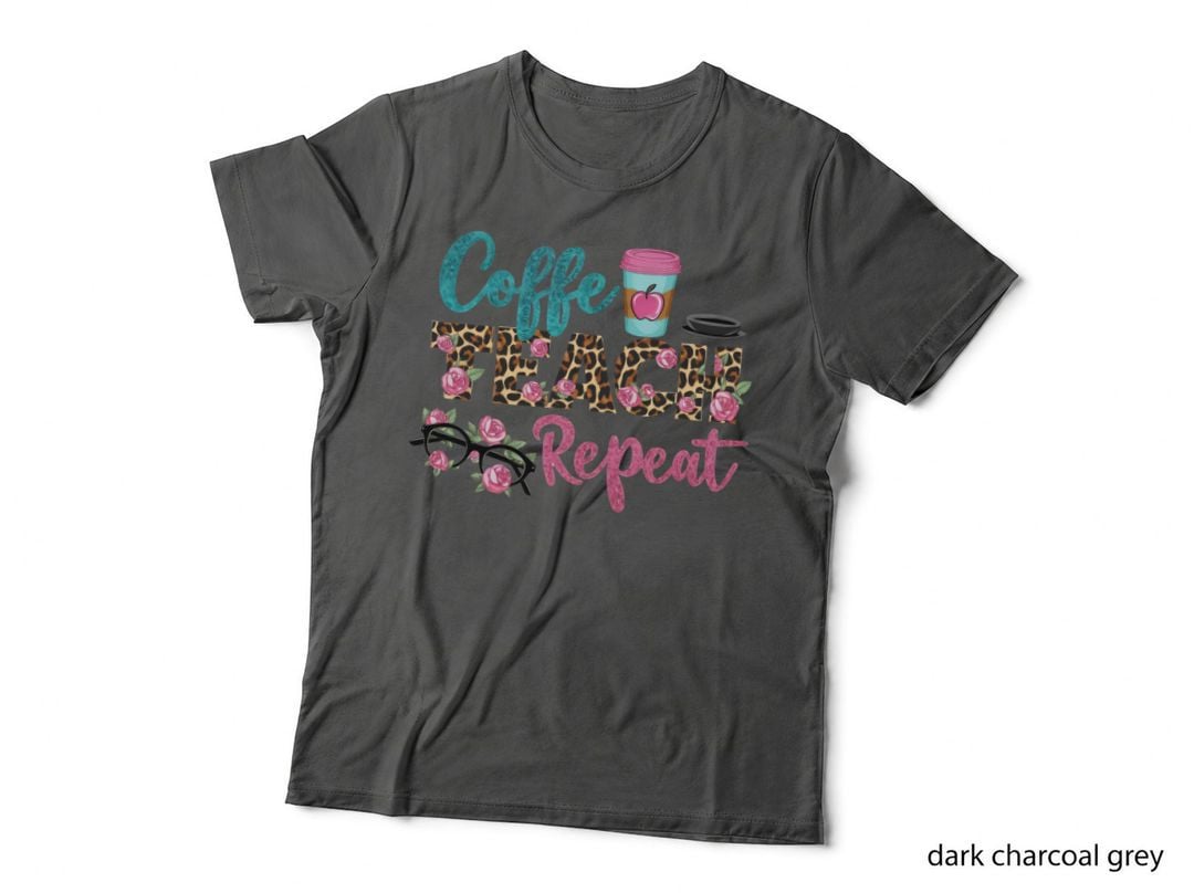 Coffe Teach Repeat Teacher T-Shirt, Coffee Teach Repeat with Leopard Graphic