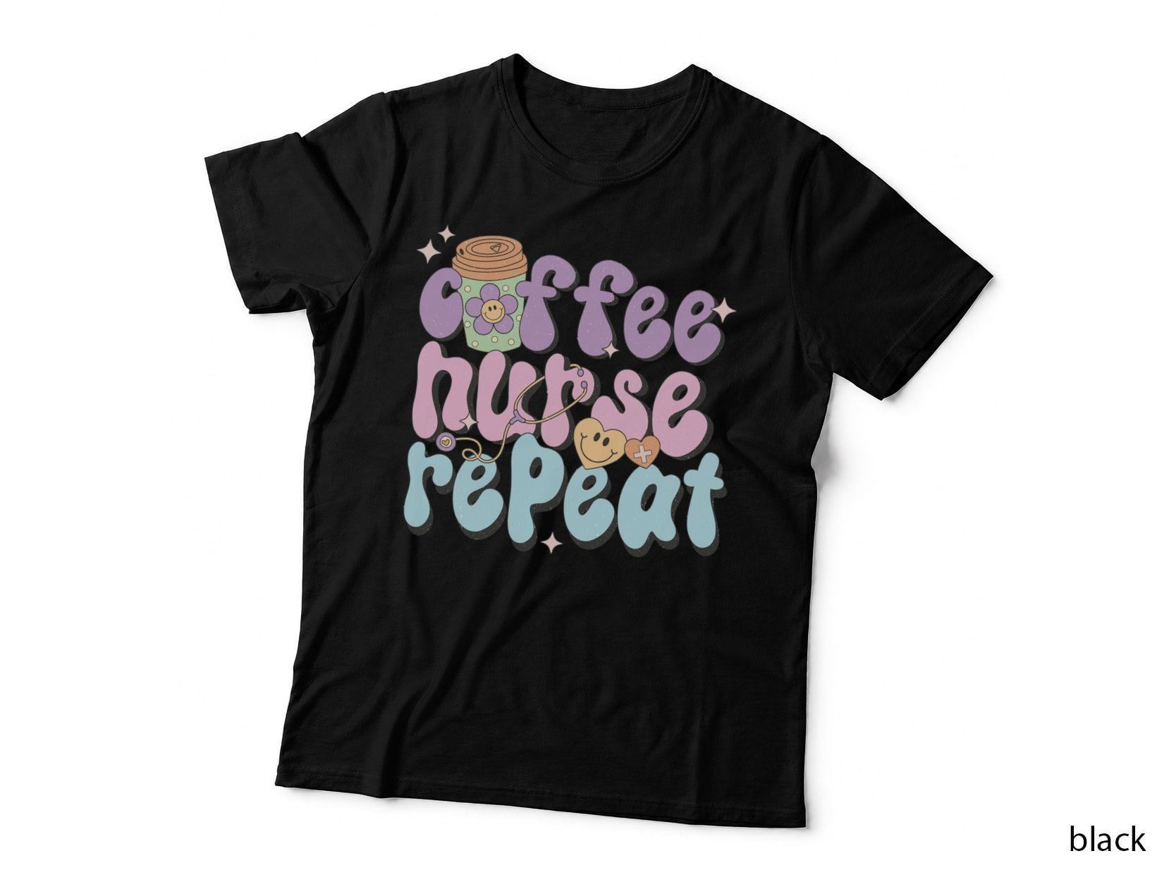 Coffee Nurse Repeat Nurse T-Shirt, Coffee Cup Stethoscope Hearts Graphic Tee
