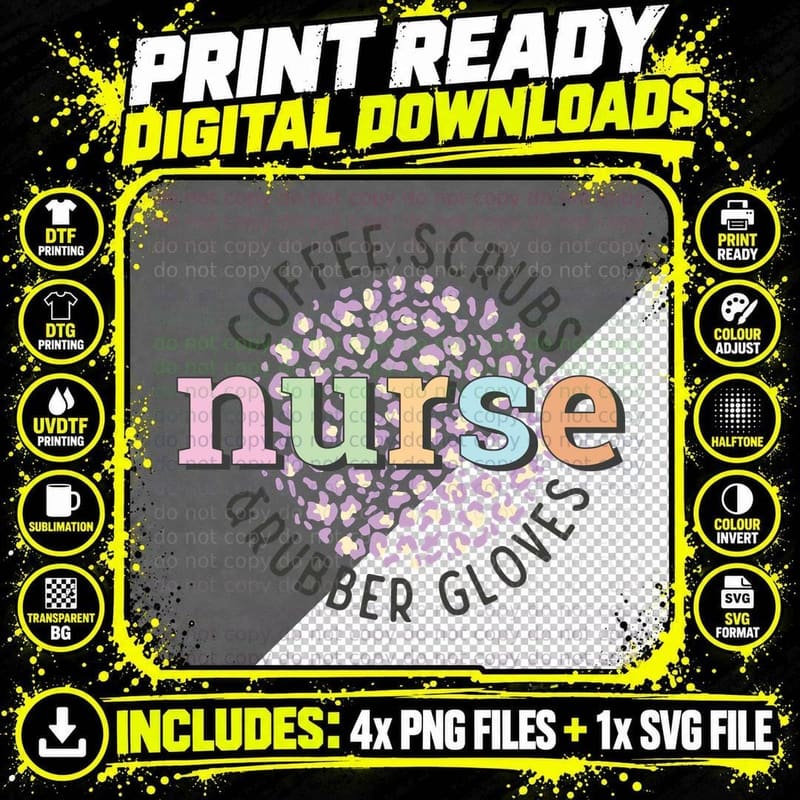 Coffee Scrubs &Rubber Gloves Nurse T-Shirt Png SVG Digital Bundle