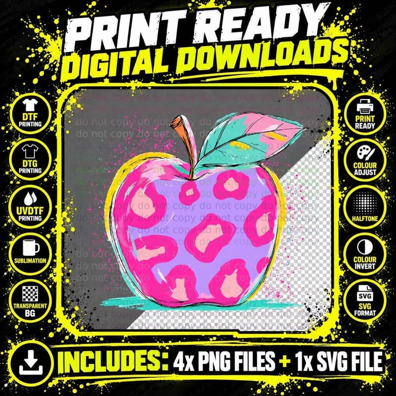 Colorful Apple with Pink Spots Teacher T-Shirt Png SVG Digital Bundle