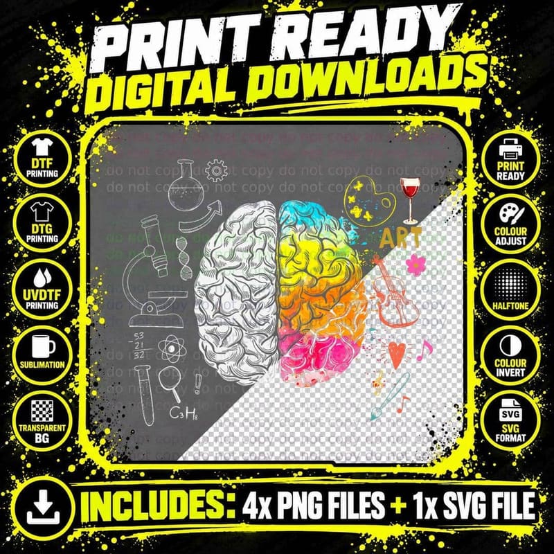 Colorful Brain Art vs Science Student Teacher Png SVG Digital Bundle