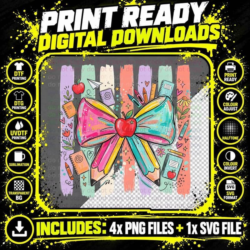 Colorful School Supplies Bow Teacher T-Shirt Png SVG Digital Bundle