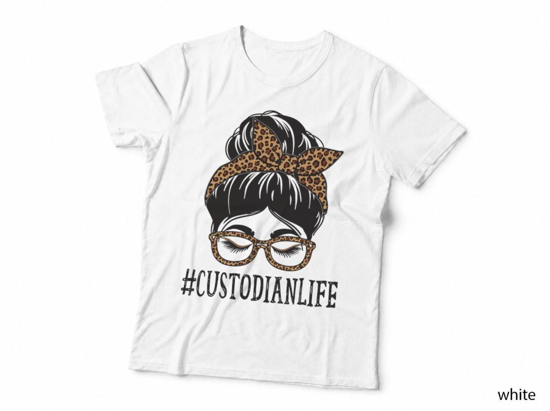 Custodian Leopard Messy Bun Women Back to School, Teacher Uniform T-Shirt