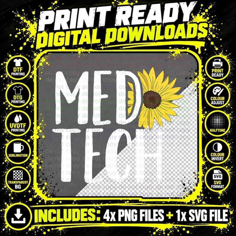 Cute Med Tech CNA with Sunflower, Medical Student Gift Png SVG Digital Bundle
