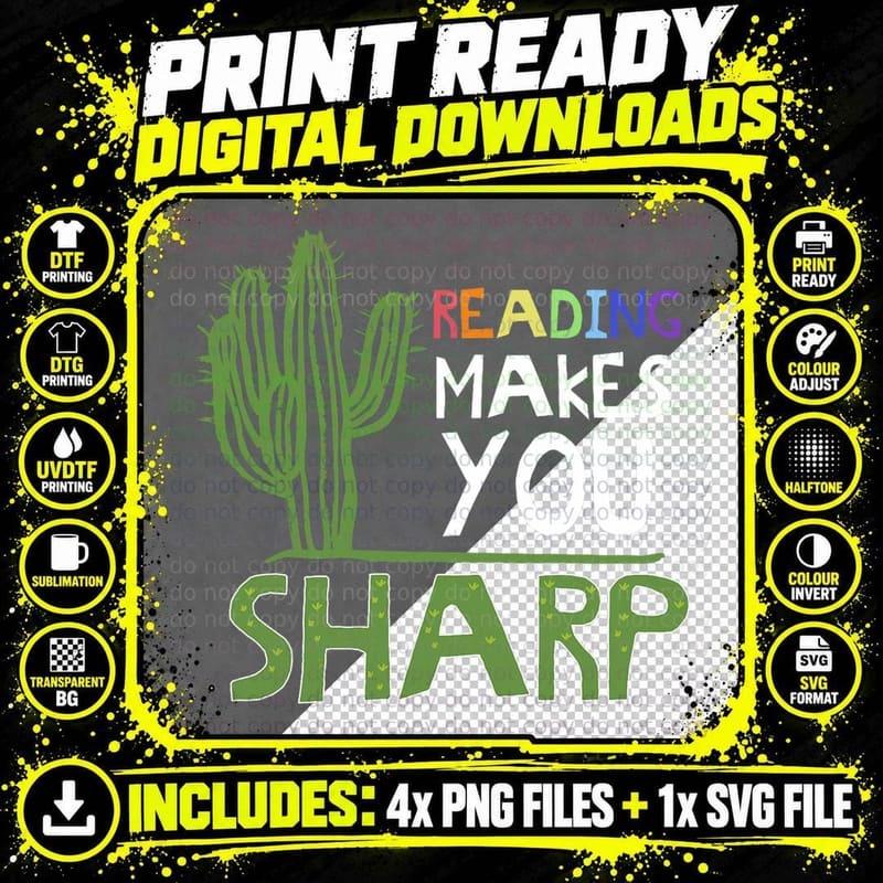 Cute Reading Design Sharp Cactus Teacher Gift Idea Png SVG Digital Bundle