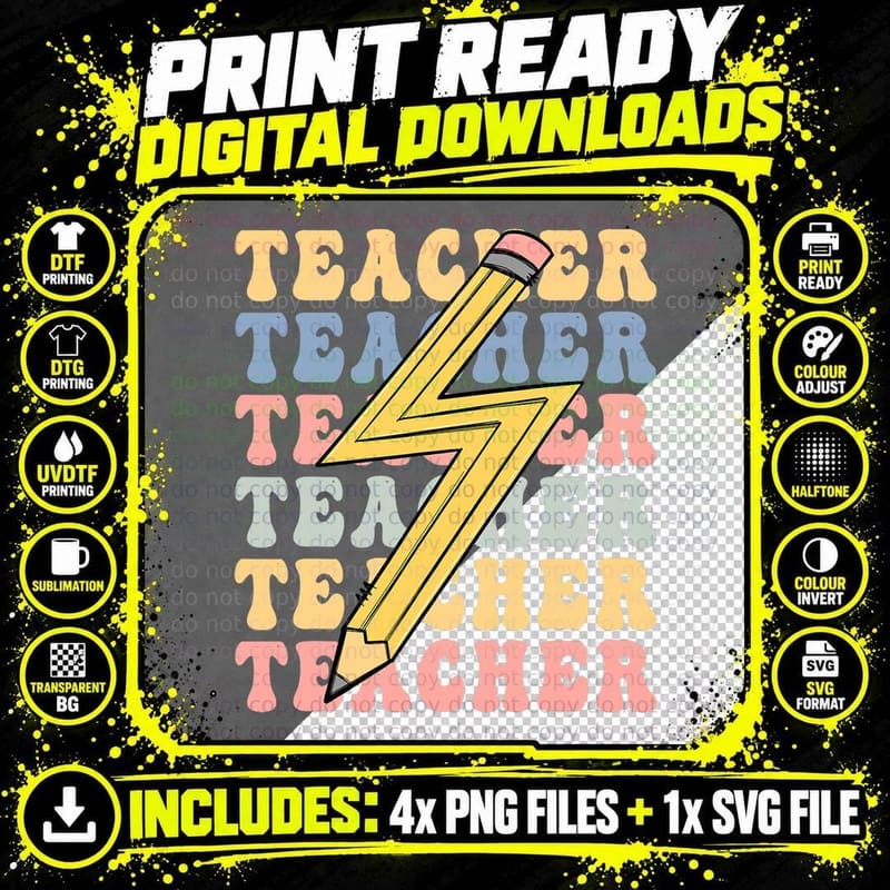 Cute Retro Teacher Teaching Pencil School Lightning Bolt Png SVG Digital Bundle