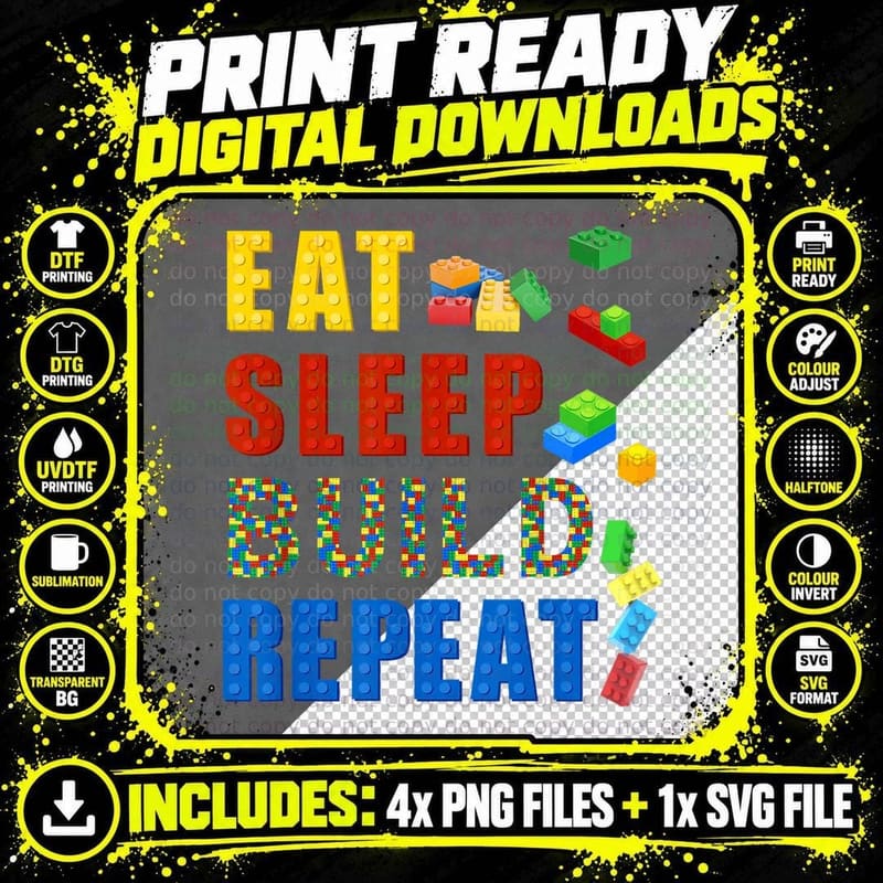Eat Sleep Build Repeat T-Shirt, Building Blocks Brick Png SVG Digital Bundle