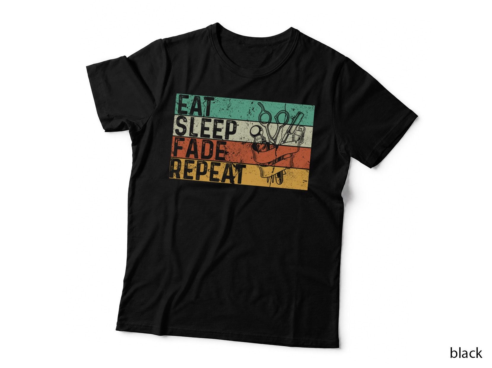 Eat Sleep Fade Repeat Barber T-Shirt, Barber Tools on Striped Background