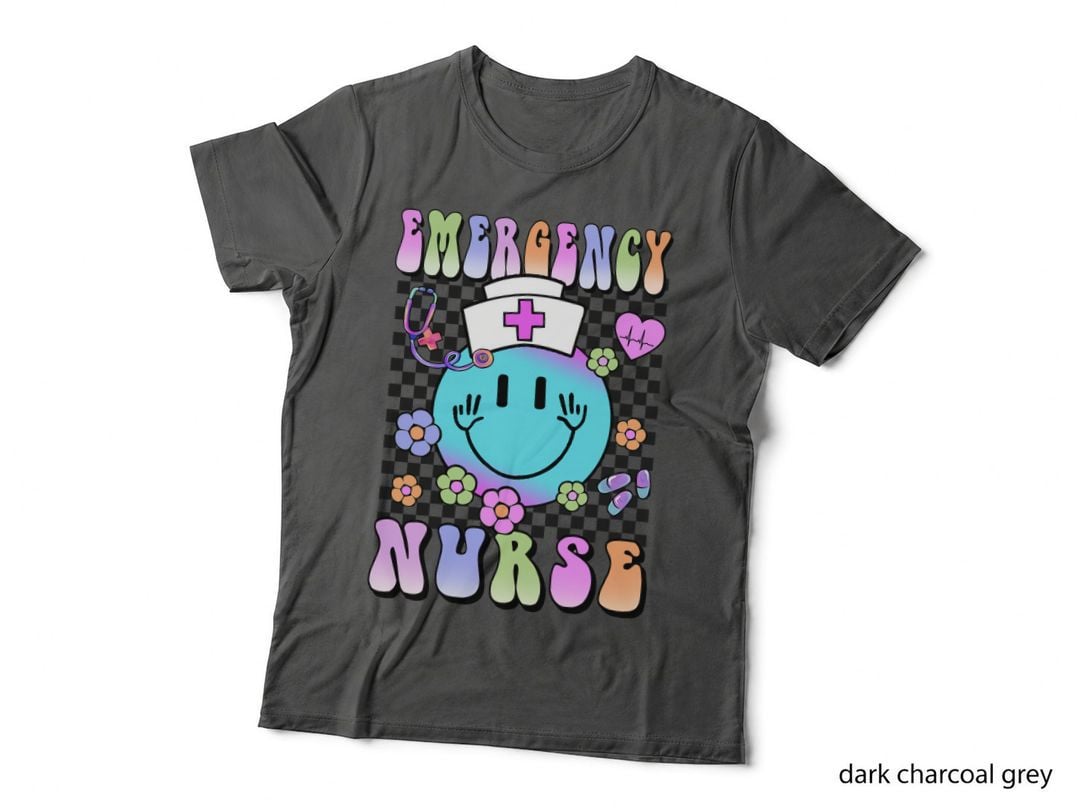 Emergency Nurse T-Shirt, Colorful Nurse Smiley Face with Graphic Tee